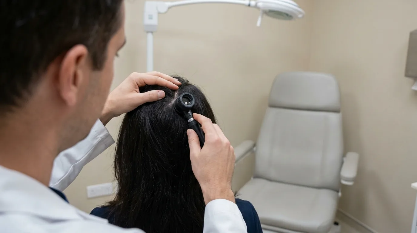 how much hair fall is normal inline 2 dermatologist examining a patient scalp with a dermatoscope in a Dubai clinic consulting room