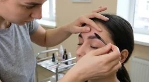 How much is brow lamination in Dubai: brow technician combing a client brows upward with a spoolie at a mid-range studio