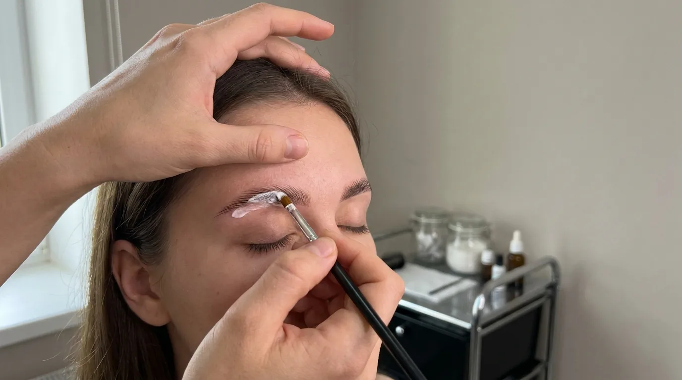 how much is brow lamination inline 1 brow lamination dubai price comparison: technician applying lifting solution to a client's brows in a mid-range Dubai studio