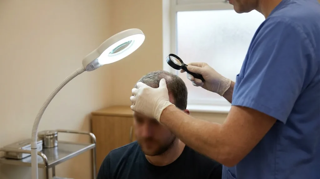hair transplant in the Philippines cost assessment: clinician examining a thinning crown under a magnifying lamp in a plain clinic room