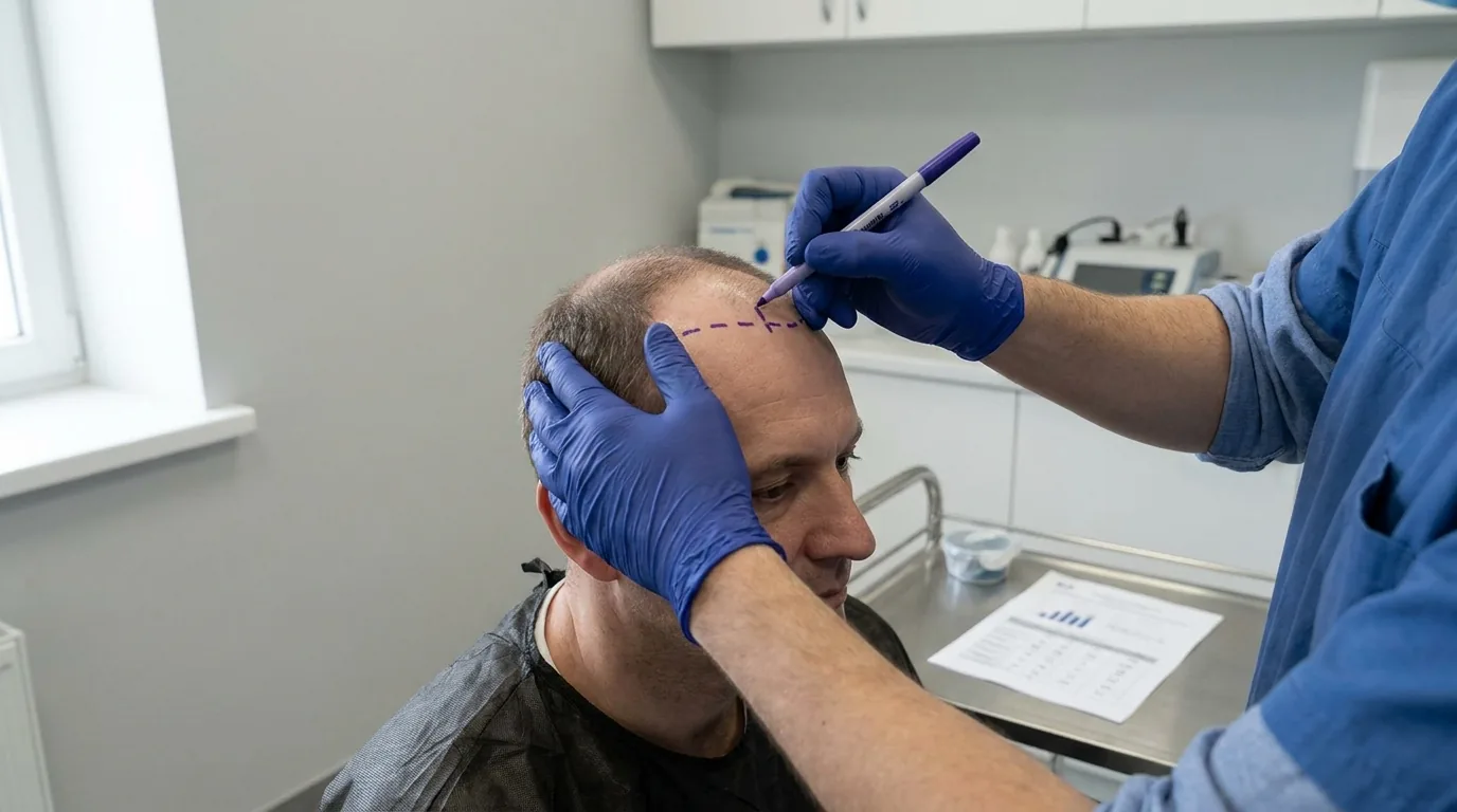 hair transplant cost in Philippines planning: gloved clinician marking a graft placement hairline with a surgical marker