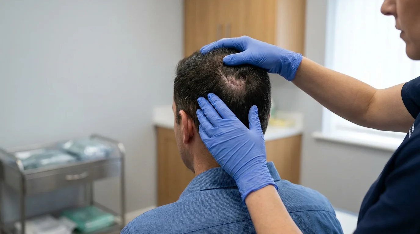follow-up scalp check after a hair transplant in the Philippines, gloved clinician inspecting the healed donor area