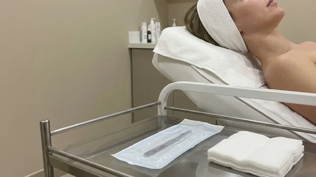 how often can you do dermaplaning: client reclined in a Dubai skin clinic beside a tray holding a sealed single use blade