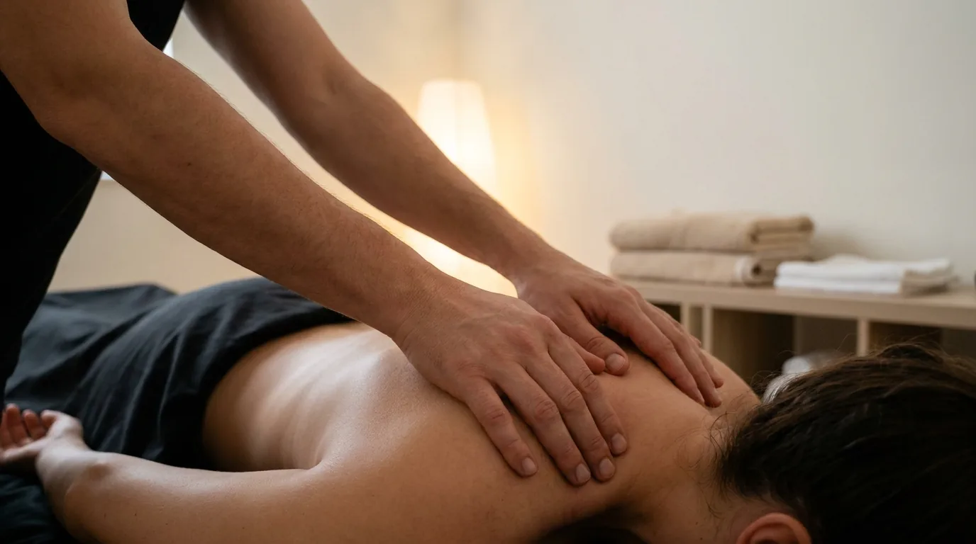 how often deep tissue massage inline 1 therapist hands pressing into the shoulder and neck junction during a deep tissue massage for neck pain in a mid-range Dubai treatment room