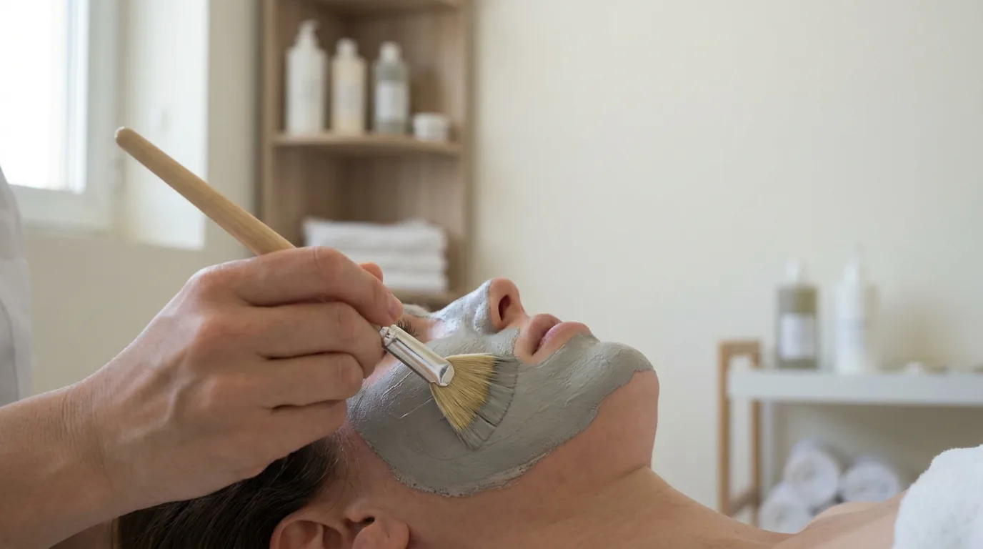 how often facial inline 1 clay mask applied with a fan brush during a deep cleansing facial in Dubai