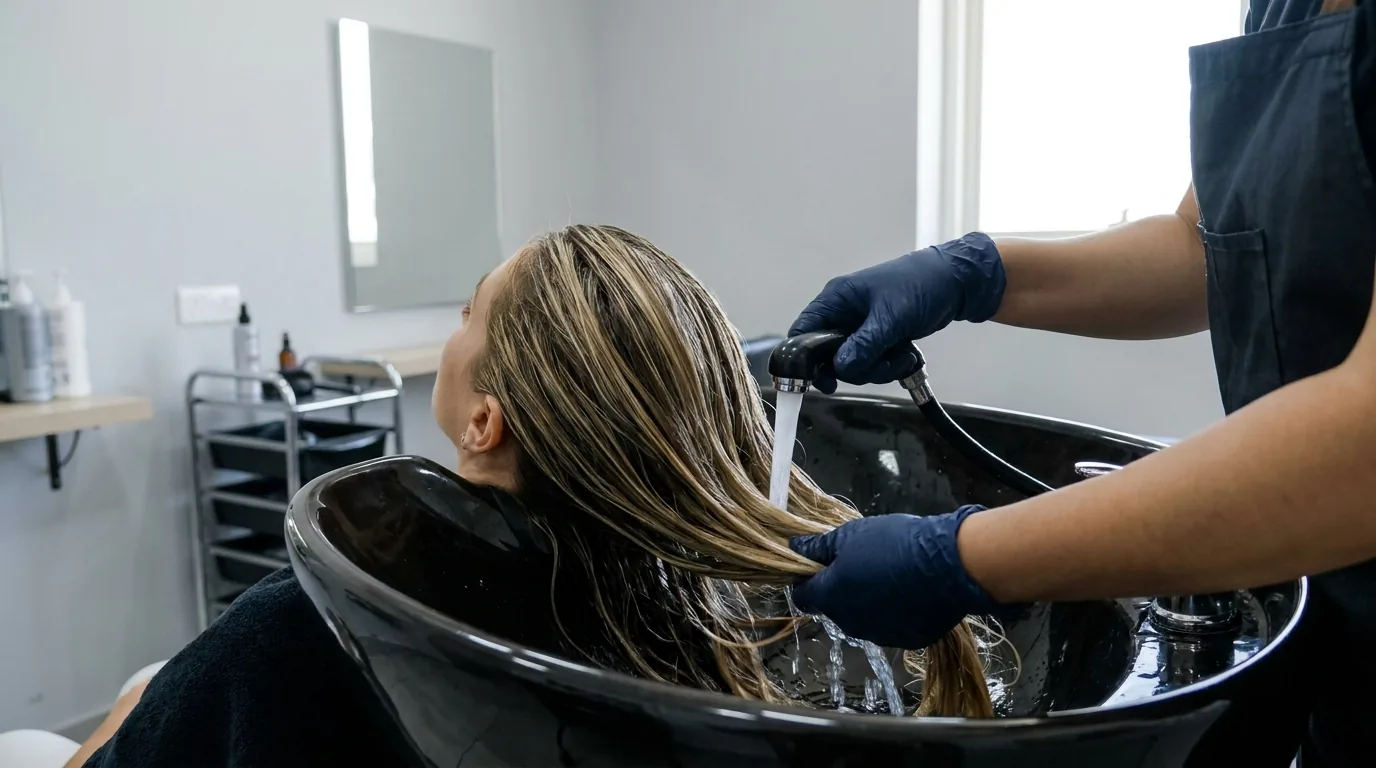 highlighted hair rinsed and toned at a salon backwash basin between full highlight appointments