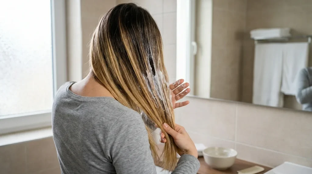 how to care for balayage hair: hands working a treatment mask through lightened mid-lengths at a Dubai bathroom mirror