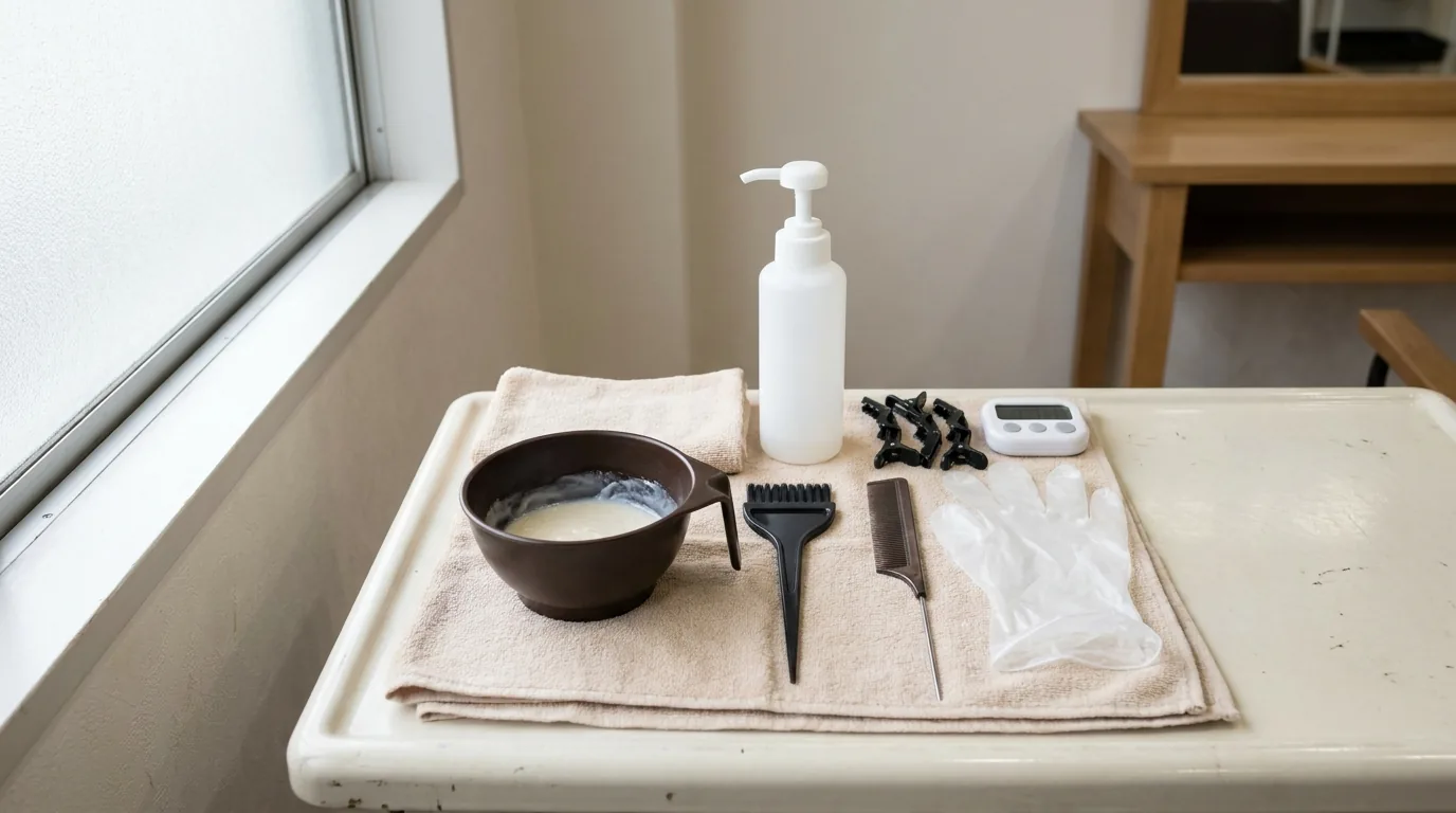 how to do balayage inline 2 balayage at home kit on a bathroom counter with lightener bowl, tinting brush, tail comb, clips, gloves and timer