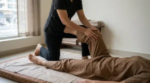 how to do thai massage: therapist kneeling on a floor mat guiding a clothed client through a supported leg stretch in a simple Dubai treatment room