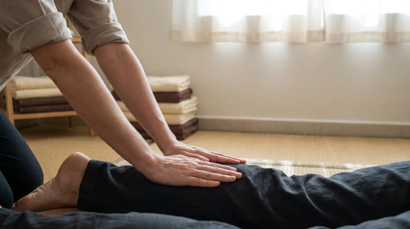 how to do thai massage inline 1 how to do thai massage step by step: therapist applying palm compression along a client's leg on a floor mat