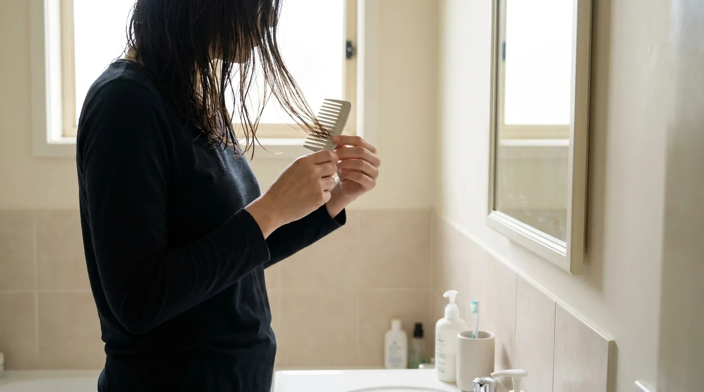 how to prevent postpartum hair loss inline 1 new mother detangling damp hair with a wide-tooth comb at a bathroom mirror to limit hair fall after delivery