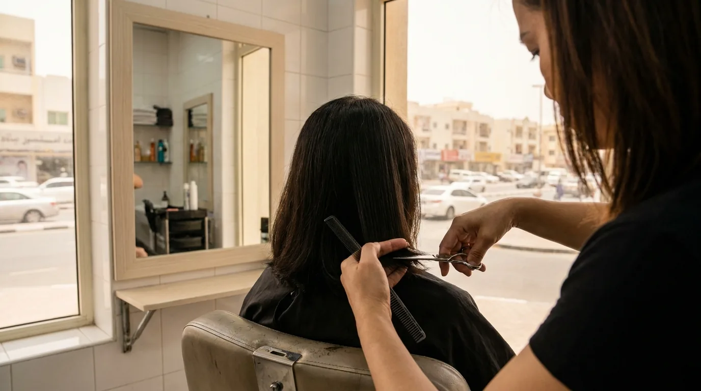 how to prevent postpartum hair loss inline 2 stylist trimming layers into a client's shoulder-length hair at a Dubai salon chair after pregnancy