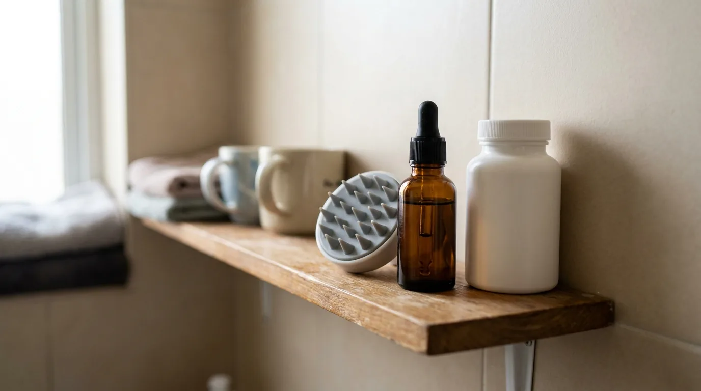 how to stop hair loss and regrow hair naturally inline 2 natural remedies for hair growth arranged on a bathroom shelf: rosemary oil, a scalp massager and a supplement bottle
