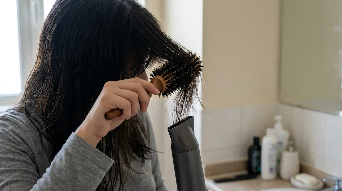 round brush rolling curtain bangs outward while a hair dryer directs air at the roots