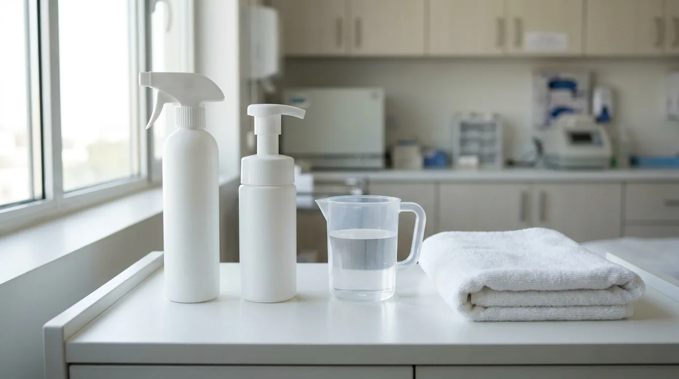 how to take care after hair transplant inline 1 hair transplant aftercare in dubai: plain saline spray, foam cleanser, a jug of water and a folded towel on a clinic counter