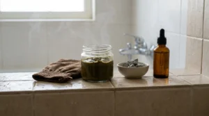 How to use Moroccan bath soap: a jar of dark olive beldi paste, a kessa glove and argan oil on a wet tiled ledge