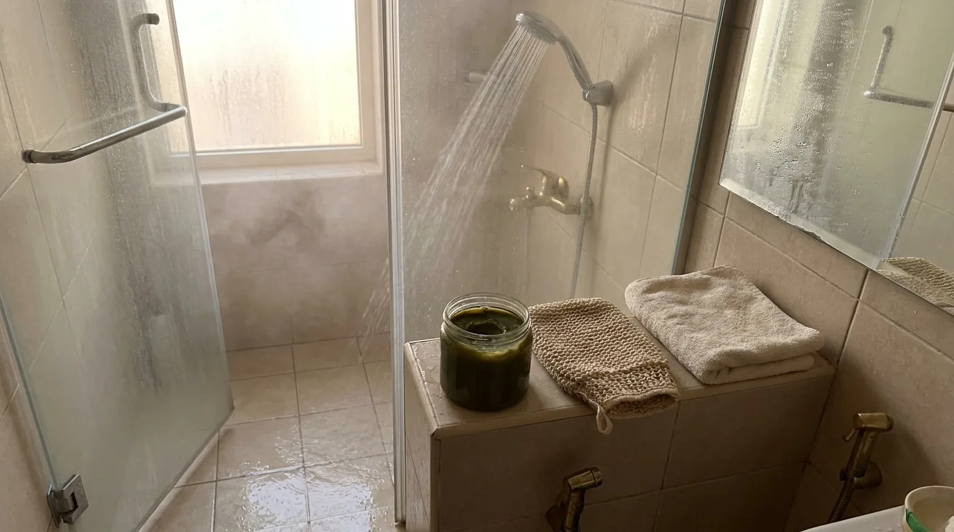 how to use moroccan bath soap inline 1 steamy home bathroom in dubai with an open jar of black soap and a kessa glove on the tiled ledge
