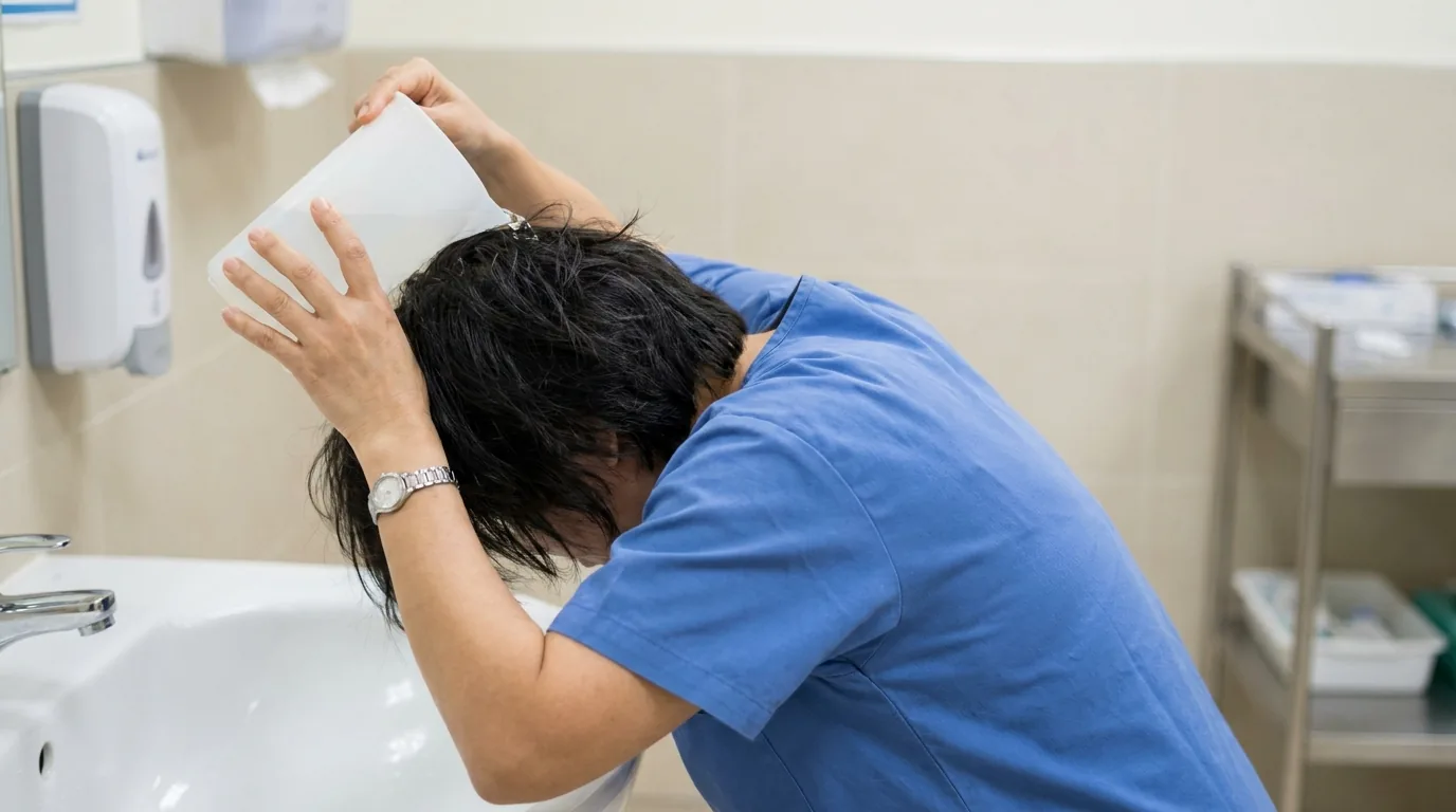 when can i wash my hair after hair transplant: lukewarm water poured from a jug over a scalp leaning above a clinic basin