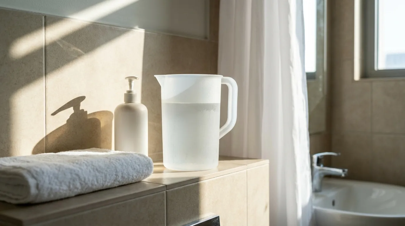 best shampoo after hair transplant: a jug of water left to cool beside a fragrance-free bottle on a sunlit Dubai bathroom shelf
