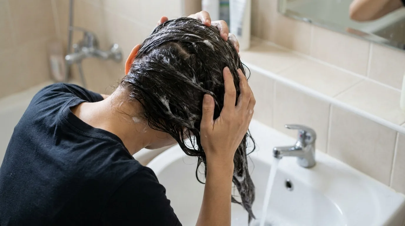 how to wash hair with hard water inline 1 shampoo worked into the scalp with both hands at a bathroom basin, the routine for washing hair with hard water