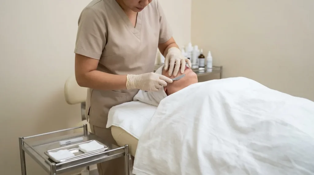 is dermaplaning good for acne: esthetician holding a sterile blade at a shallow angle against a client cheek in a plain Dubai skin clinic