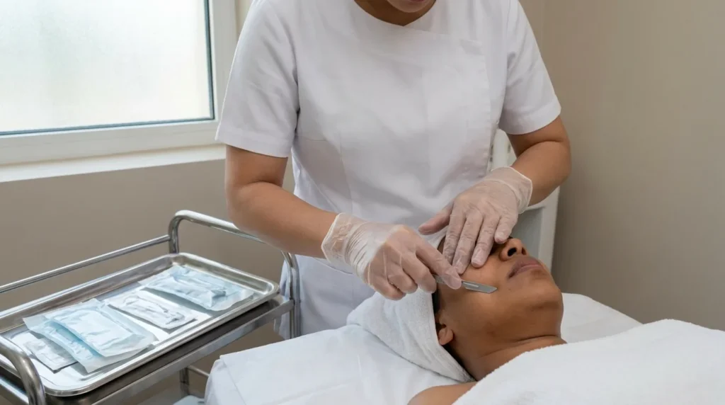 is dermaplaning safe: gloved esthetician holding a sterile scalpel blade at a shallow angle against a client cheek in a Dubai skin clinic