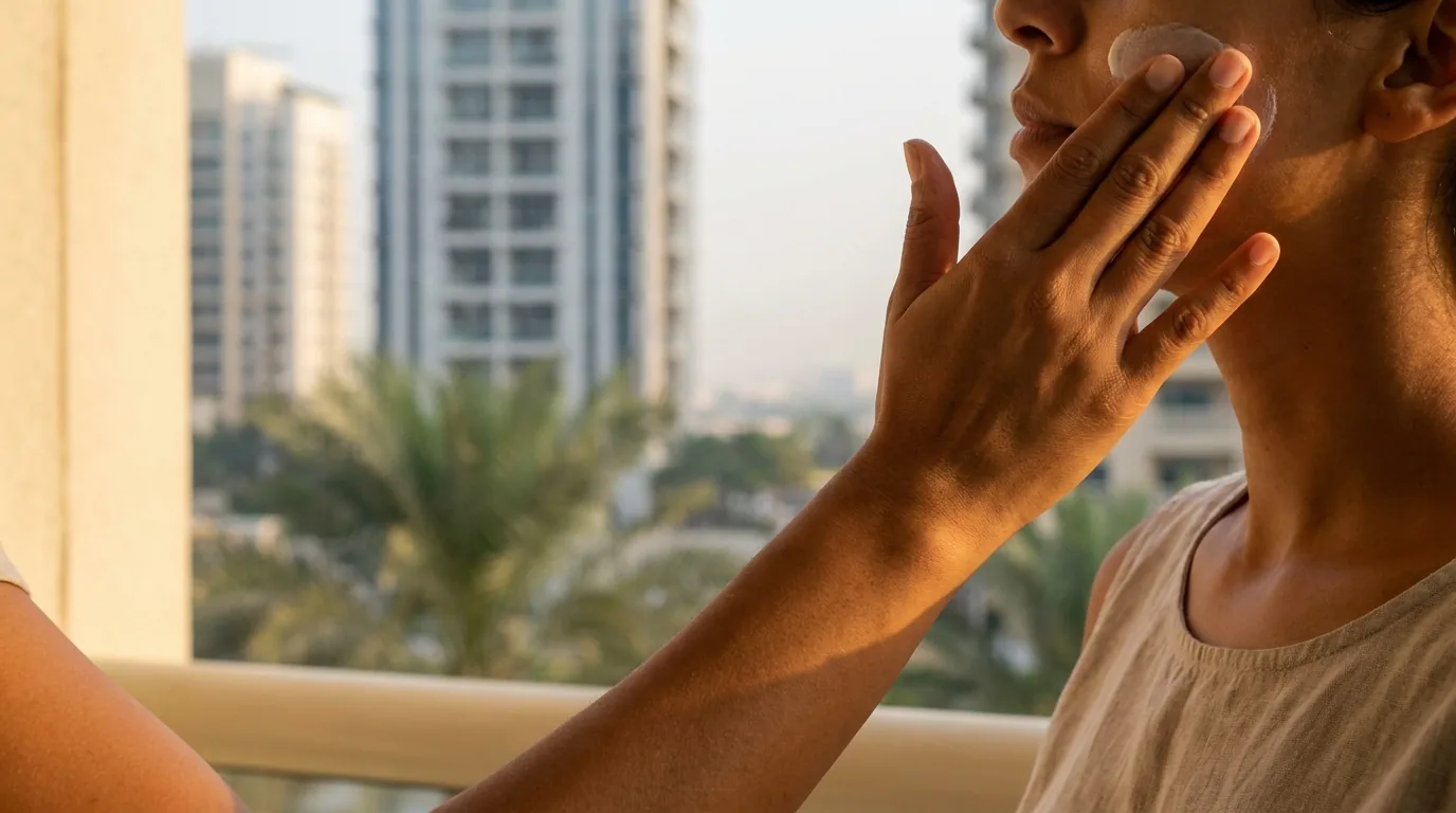 is dermaplaning safe inline 2 applying broad spectrum sunscreen after dermaplaning on a sunlit Dubai balcony