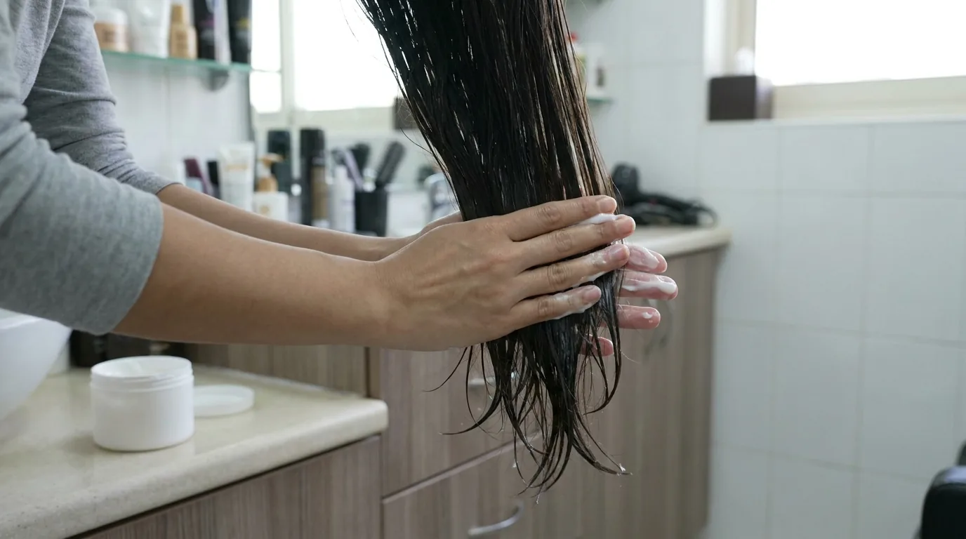 is hair loss due to hard water reversible inline 2 deep conditioning mask applied to mid-lengths after a chelating wash in a mid-range Dubai hair salon