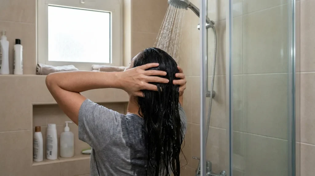 is hard water bad for hair: person rinsing long dark hair under a shower in an ordinary Dubai apartment bathroom