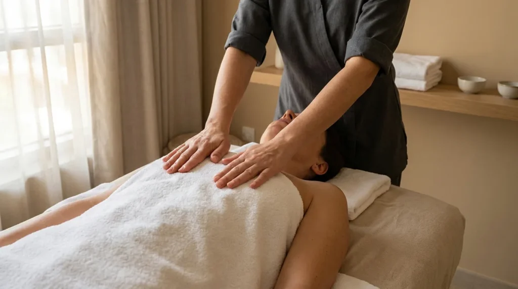 is lymphatic drainage massage painful: therapist resting flat bare palms on a client shoulders with almost no pressure in a calm Dubai treatment room