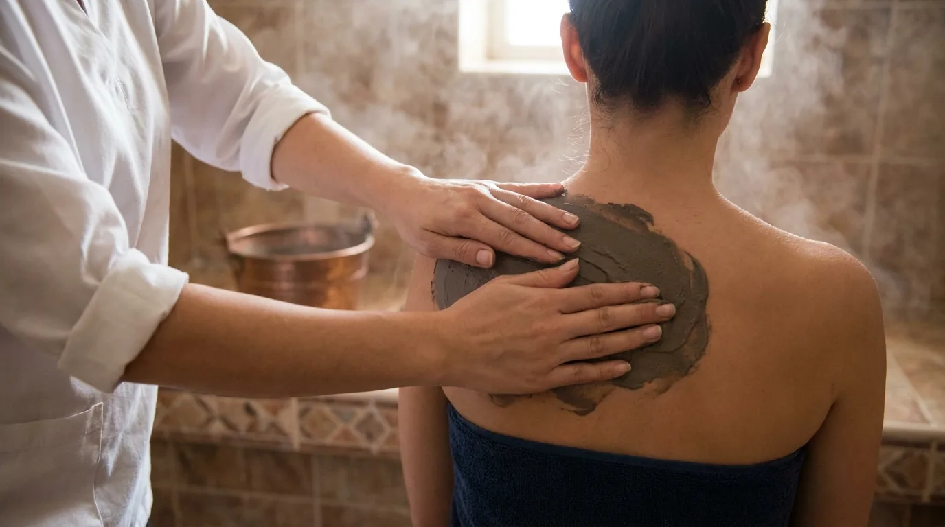 is moroccan bath good for skin inline 1 ghassoul clay smoothed across a client's shoulder during a moroccan bath in a Dubai spa