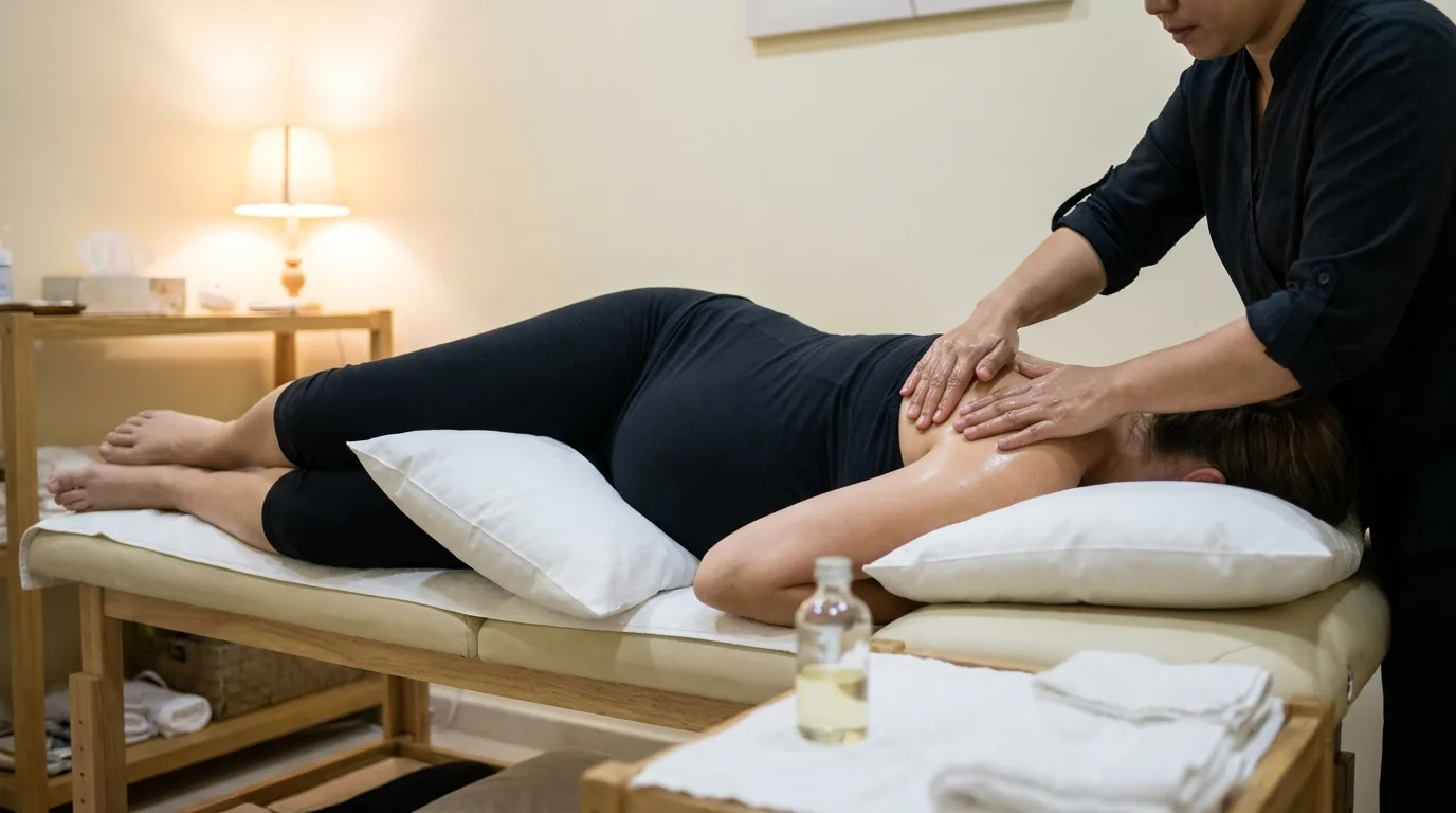 is prenatal massage safe inline 2 therapist applying light pressure with unscented oil to a pregnant client lying on her side during a prenatal massage