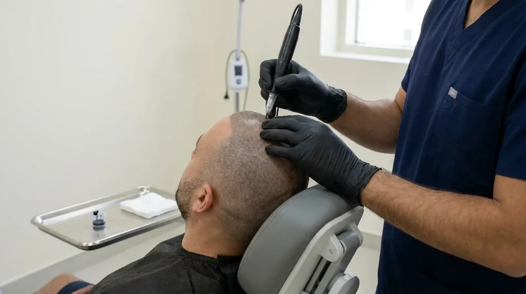 scalp micropigmentation Dubai: practitioner placing pigment dots along a closely shaved hairline in a clinic treatment room