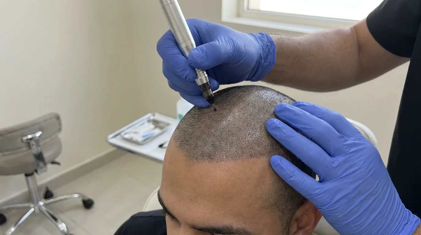 scalp micropigmentation session with a practitioner placing follicle dots along a client hairline in a Dubai clinic
