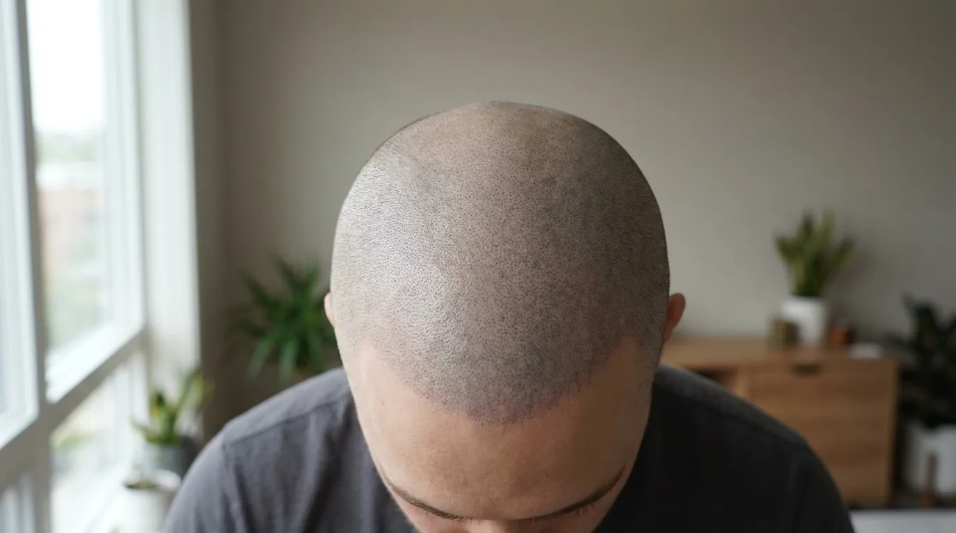 closely shaved scalp showing a softened smp hairline several years after treatment in natural daylight