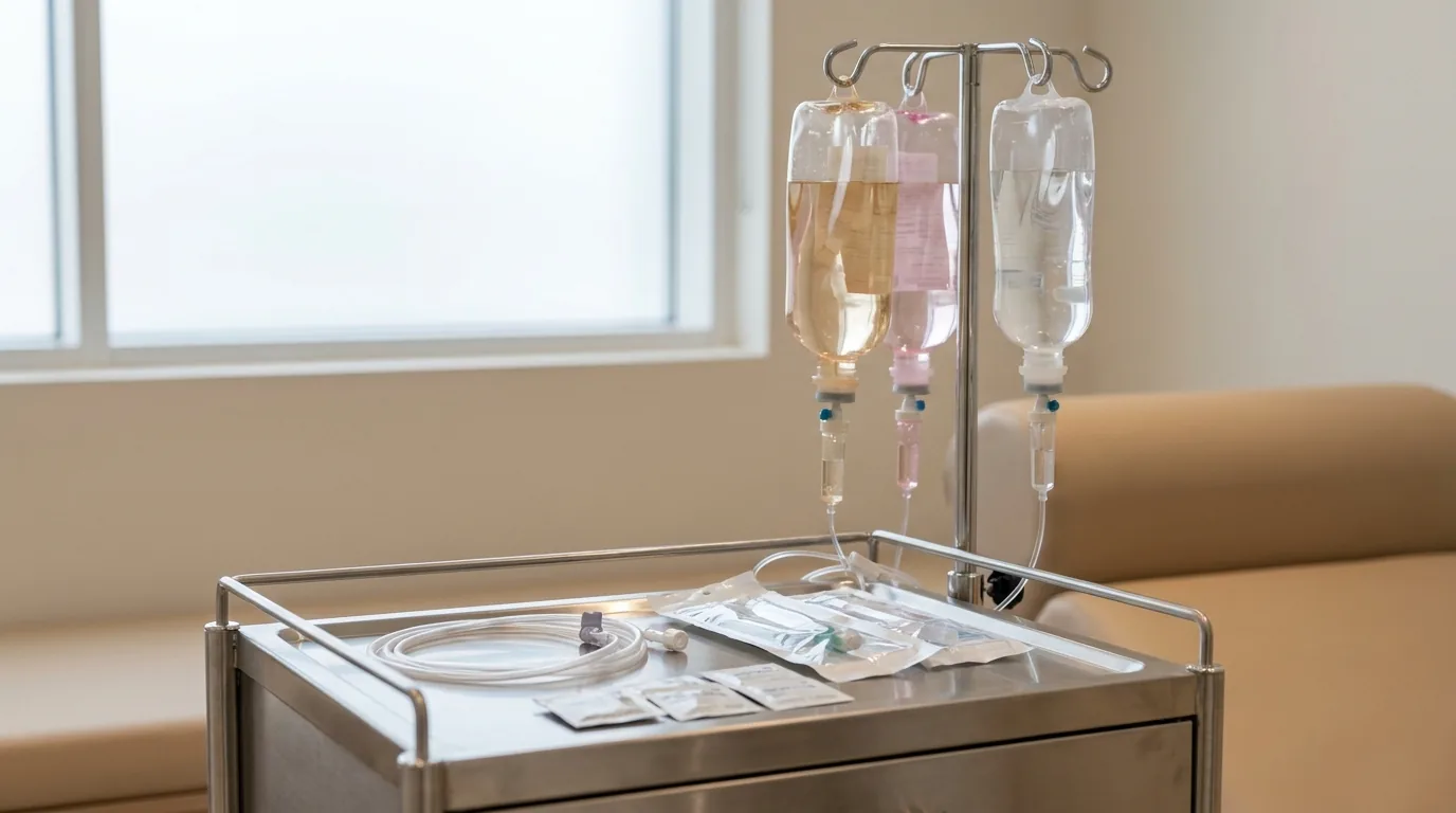 vitamin drip dubai preparation: three infusion bags on a drip stand beside sterile cannula packs on a stainless steel trolley