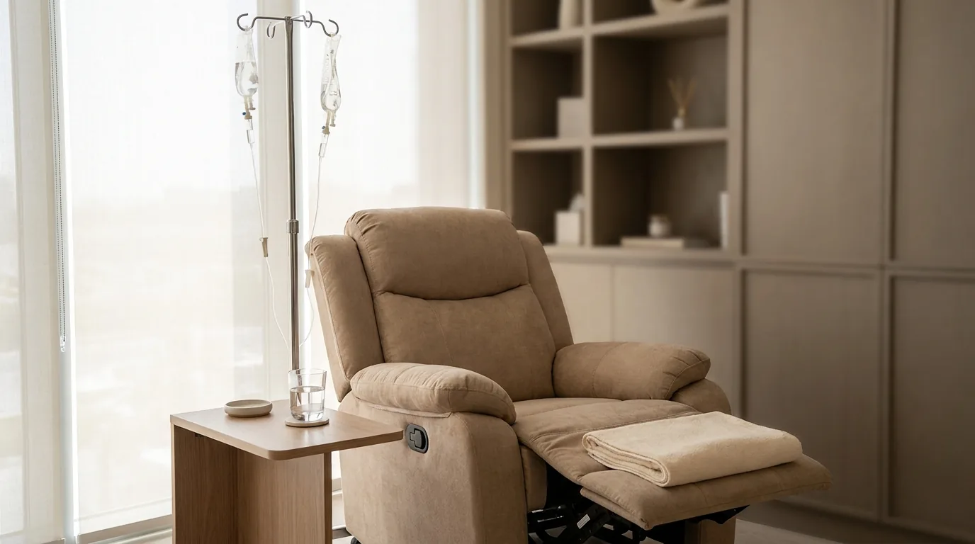 iv hydration dubai appointment: reclining treatment chair beside an infusion pole in a calm private clinic lounge