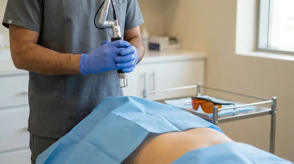 laser treatment for stretch marks: clinician in scrubs holding a fractional laser handpiece above a draped abdomen in a Dubai clinic room