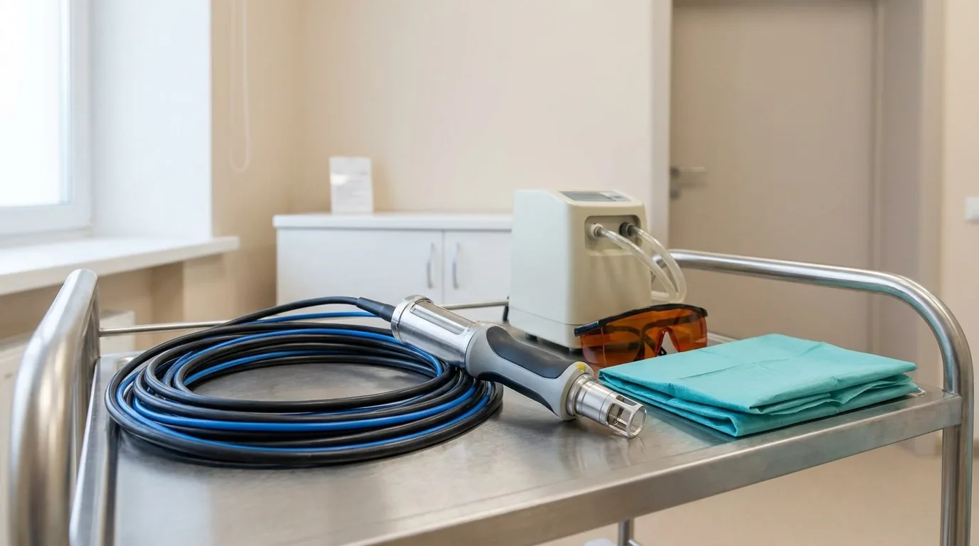fractional laser handpiece and cooling unit set up in a Dubai clinic treatment room for laser treatment for stretch marks