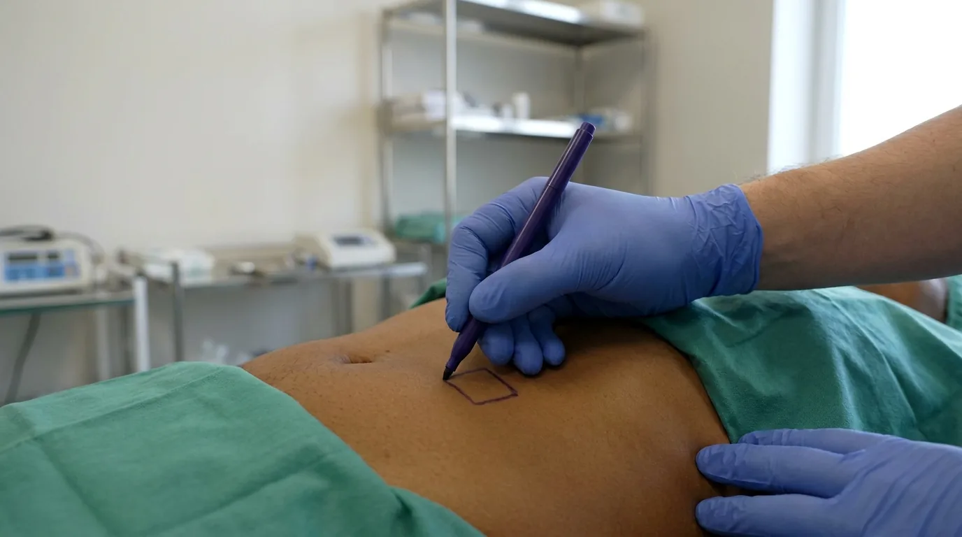 clinician marking a treatment area on a client abdomen before laser stretch mark removal in a modest Dubai clinic room
