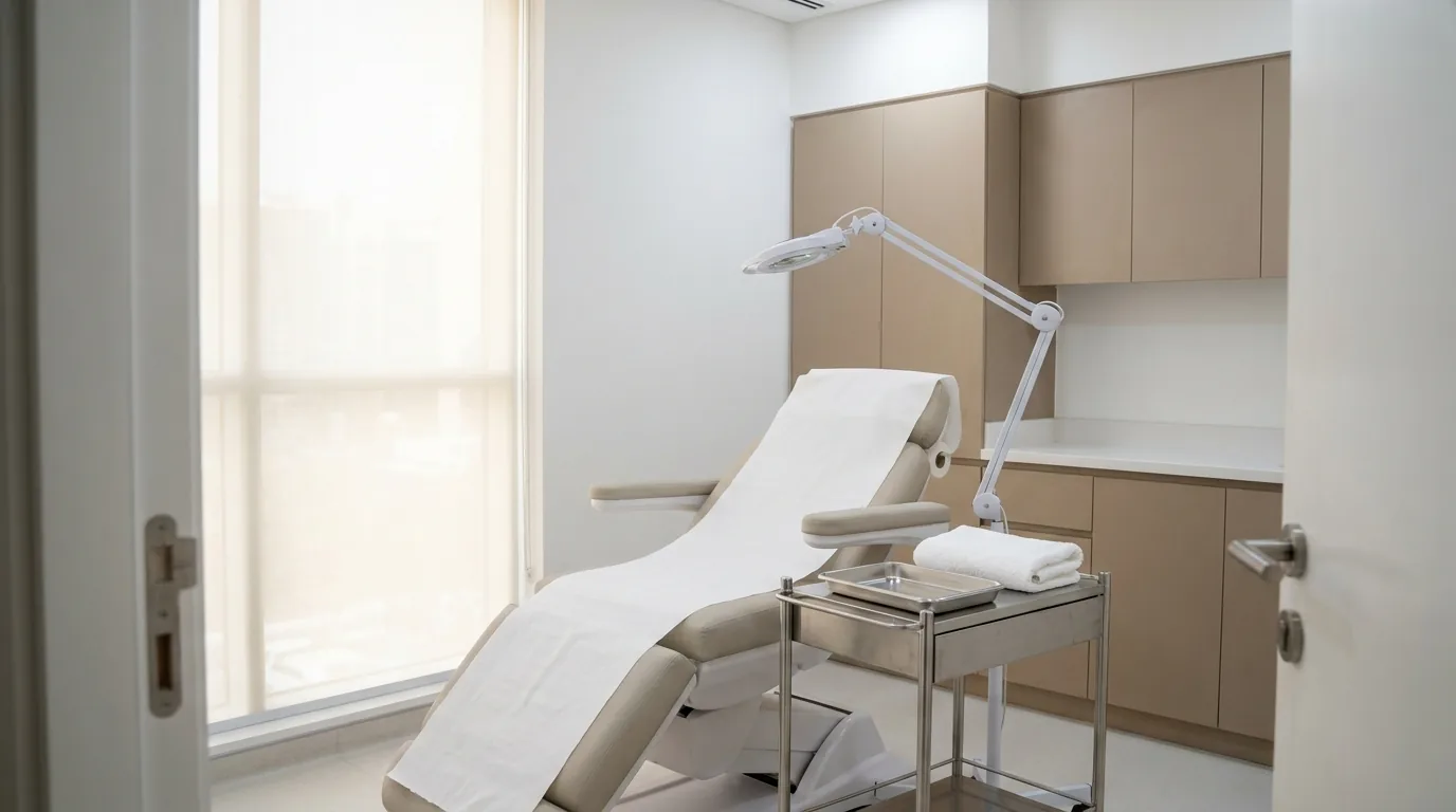 lip filler healing stages consultation at a Dubai aesthetic clinic, practitioner reviewing lip shape with a client under clinical lighting