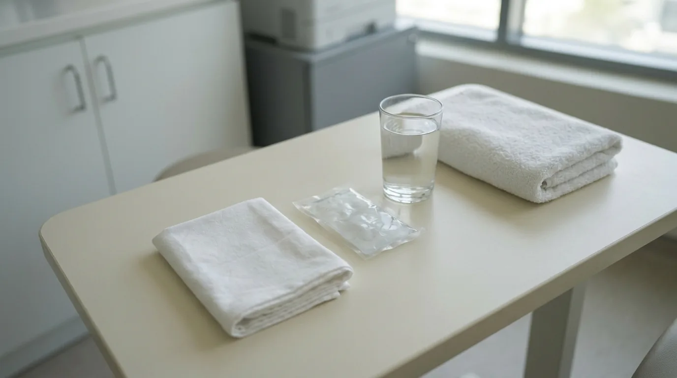 lip filler aftercare in Dubai, cold compress and water on a clinic side table beside a treatment chair