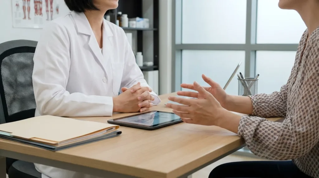 lip fillers Dubai consultation: aesthetic doctor and client discussing a treatment plan in a licensed clinic