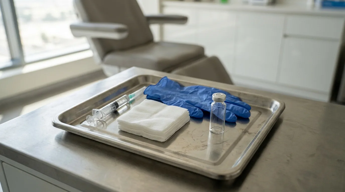 dermal fillers Dubai treatment tray with syringe and sterile gloves in a clinic setting