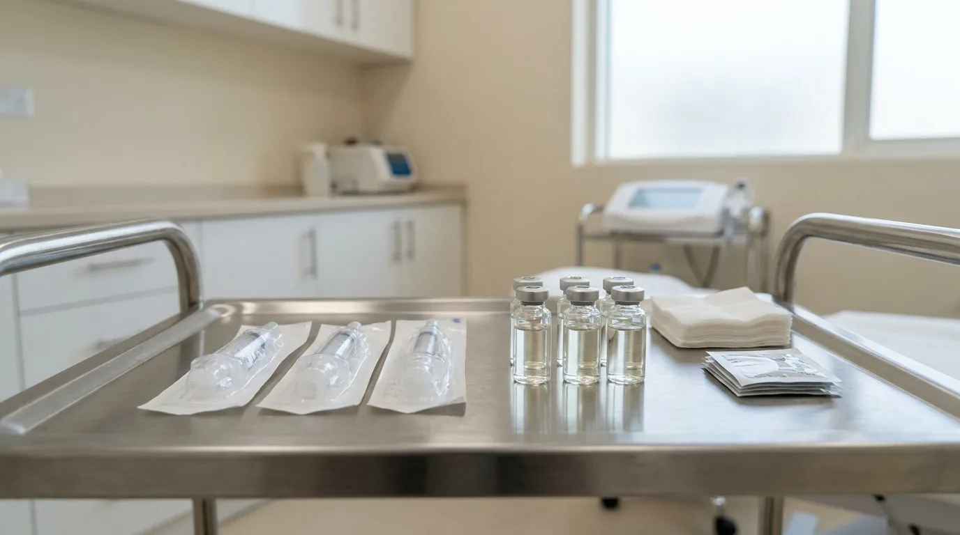 mesotherapy dubai inline 2 face mesotherapy dubai preparation: sealed syringes and small vitamin and hyaluronic acid vials on a stainless clinic trolley