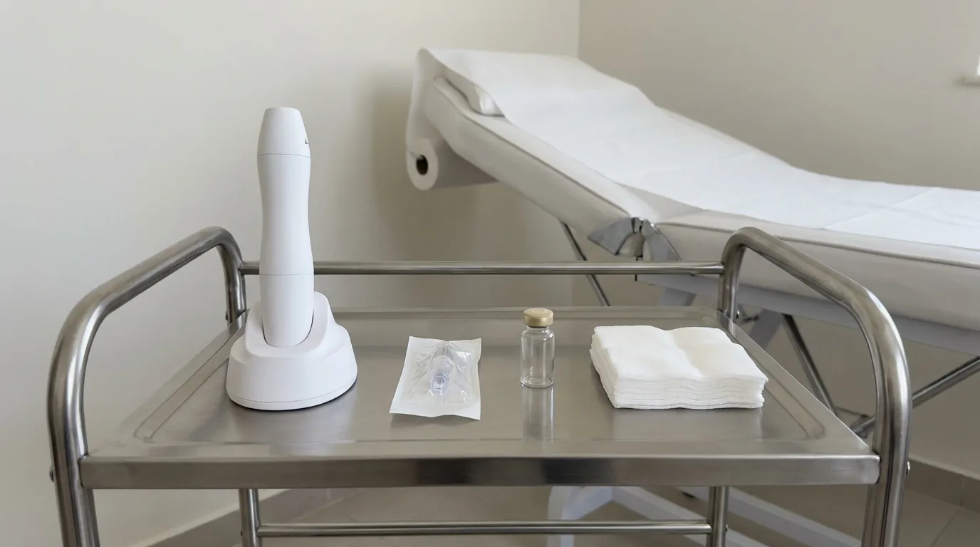 microneedling dubai inline 1 microneedling pen device and sealed single use needle cartridge on a clinical trolley in a Dubai skin clinic