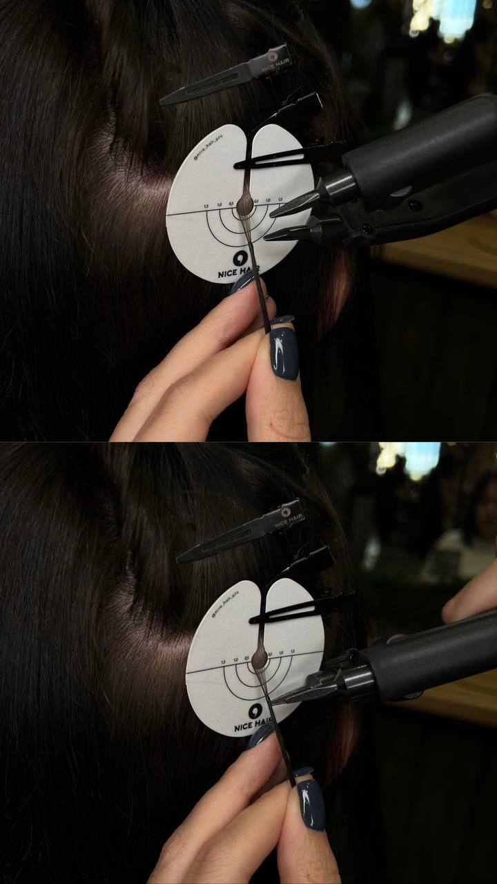 Close-up of a hair extension being fitted at Nicehair Ladies Salon, Al Sufouh 1, Dubai
