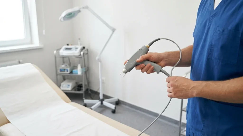 pigmentation laser treatment cost in Dubai: clinician holding a medical laser handpiece beside a treatment couch in a skin clinic