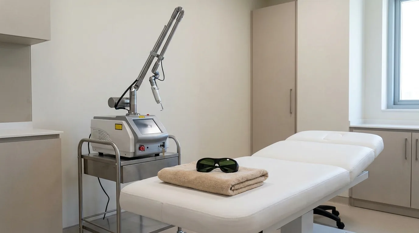 pigmentation laser treatment cost in dubai inline 1 pigmentation laser treatment in a dubai clinic room with a laser handpiece on a stand beside a treatment couch