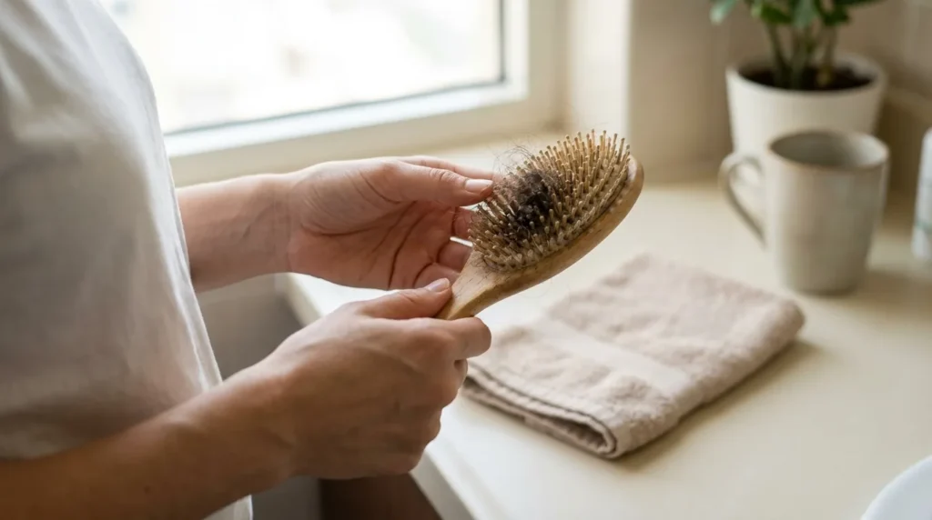 pregnancy hair loss: hairbrush loaded with shed strands held over a bathroom counter in morning light